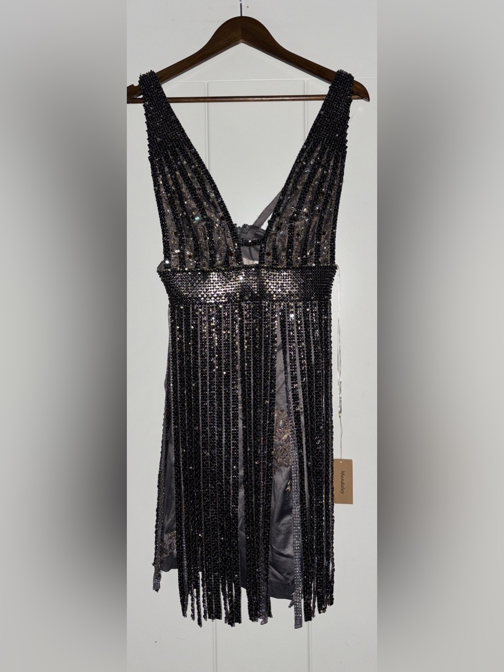 Mandalay Gunmetal Beaded Fringe Plunging Cocktail Mini Dress Women 6 NEW Flapper